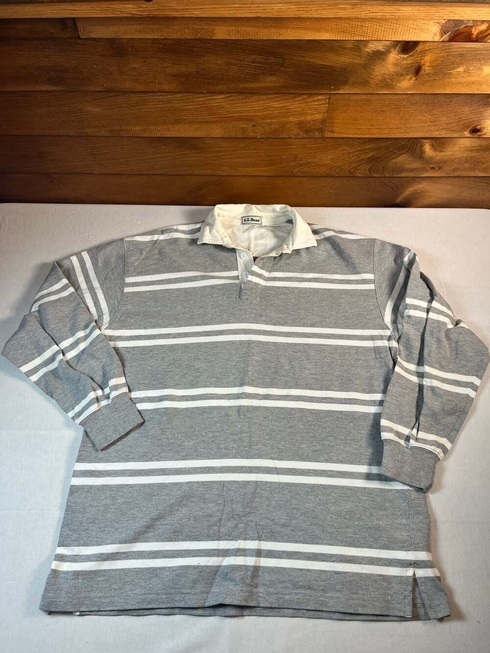 L.L. Bean Striped Long Sleeve Rugby Shirt Gray White Vintage 90s Preppy Large